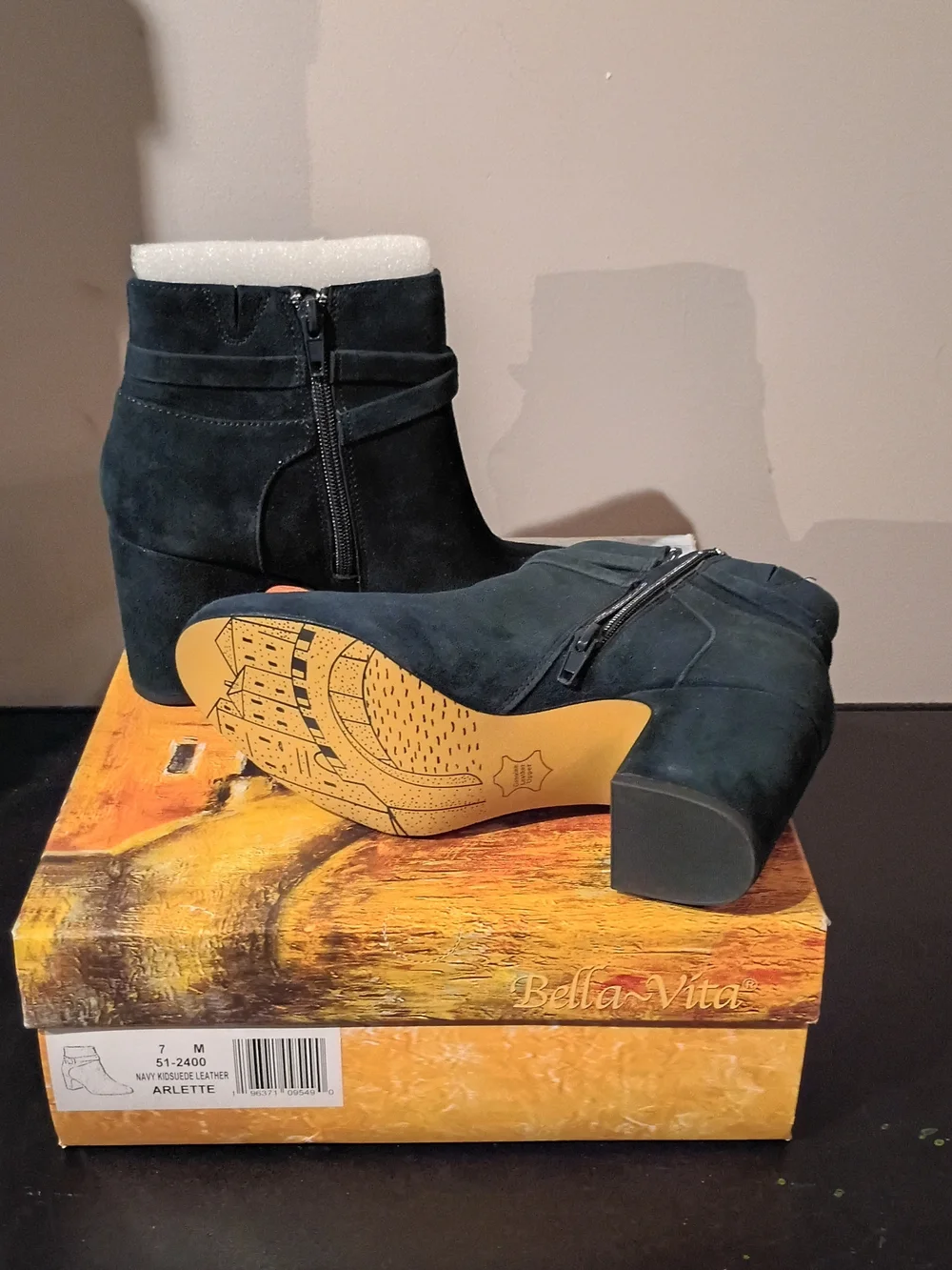 Bella Vita Dark Green Suede Ankle Boots with Block Heel
